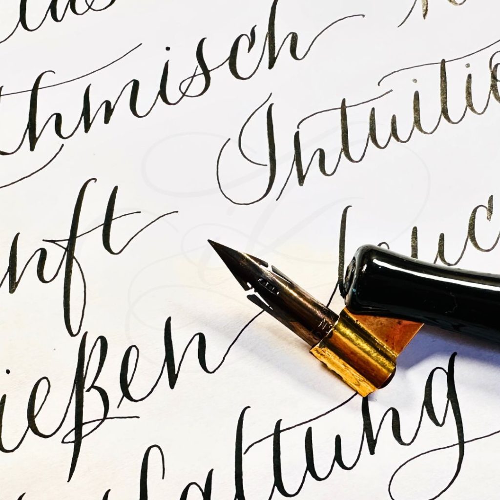 Übungswörter, Schriftzüge mit dem Kalligraphie Alphabet "Flow" für Anfänger und Einsteigerinnen gestalten by irma link kalligraphin und Künstlerin